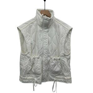 Thread & Supply Womens Quilted White Vest With Drawstring Waist & Snap Button Cl